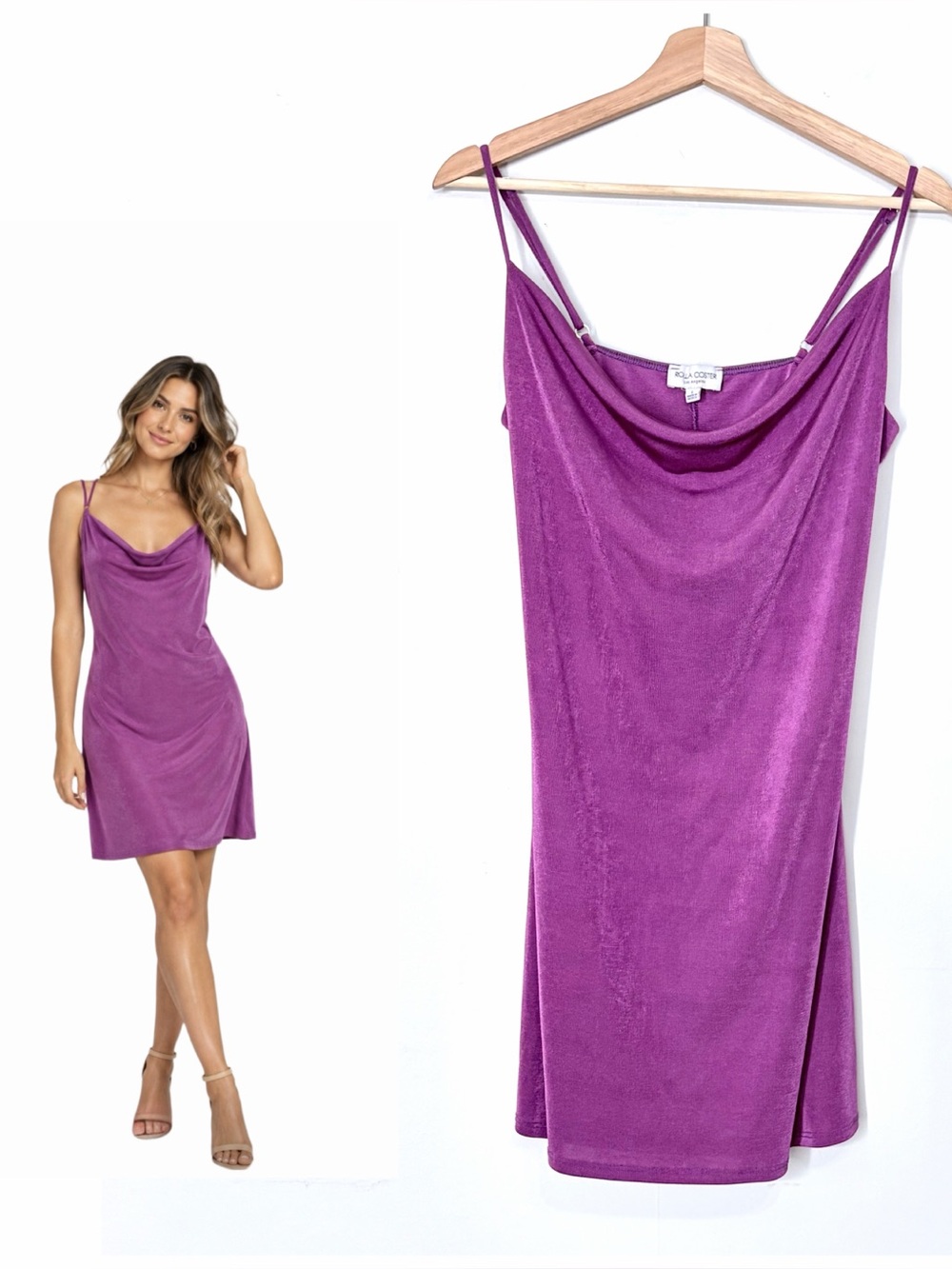 Rolla Coster Magenta Slip Dress Satin Cowl Neck Mini Dress Size Large